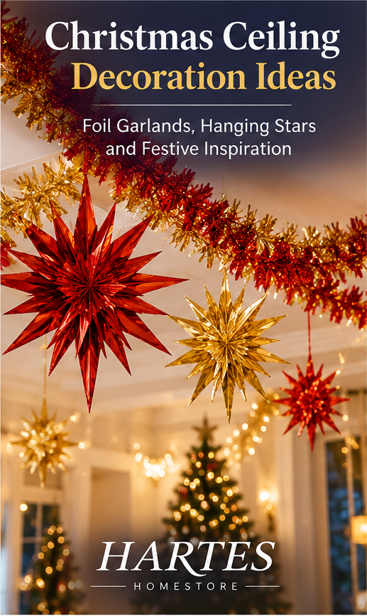 Christmas ceiling foil garlands and hanging stars inspiration