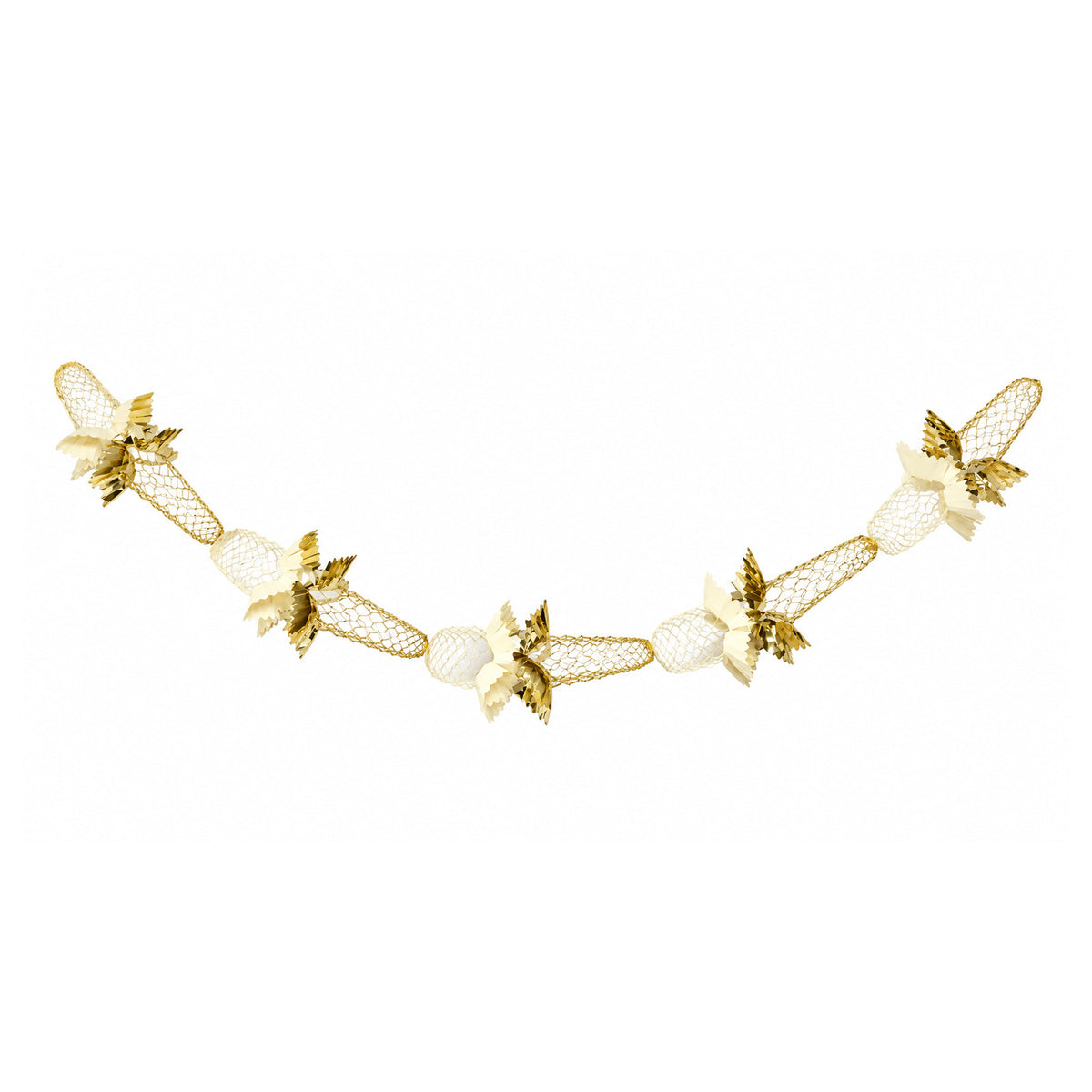 Cream and gold embossed foil Christmas garland shown fully extended against a white background
