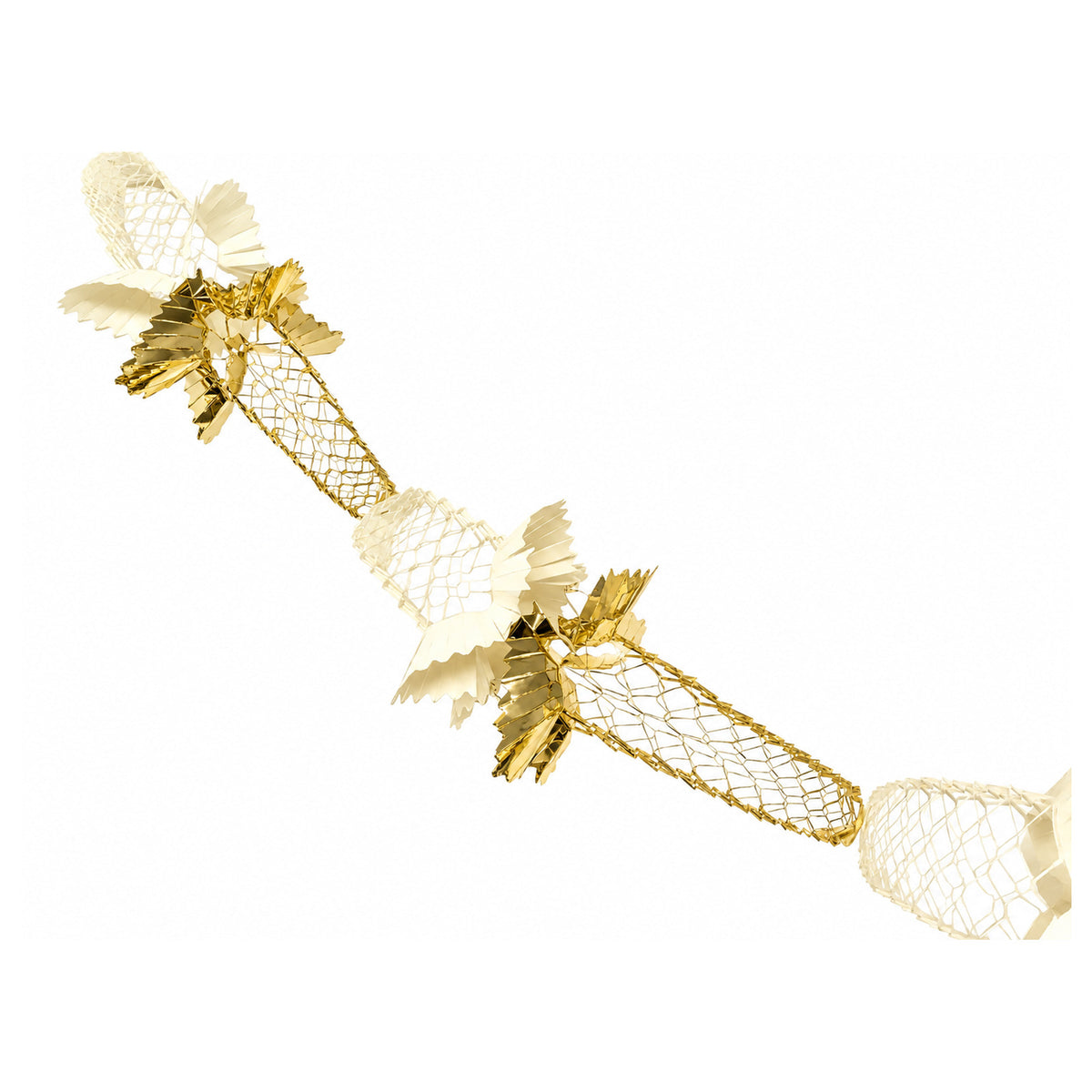 Diagonal view of the cream and gold Christmas ceiling garland with honeycomb lattice