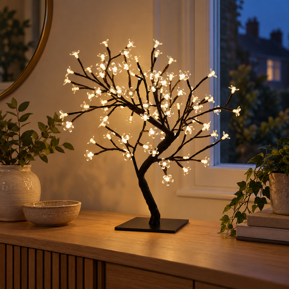 Warm white blossom tree light displayed on a sideboard by a window