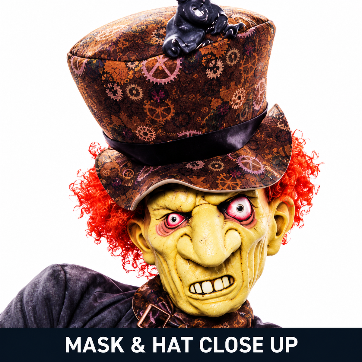 Evil Mad Hatter yellow mask and patterned top hat close-up
