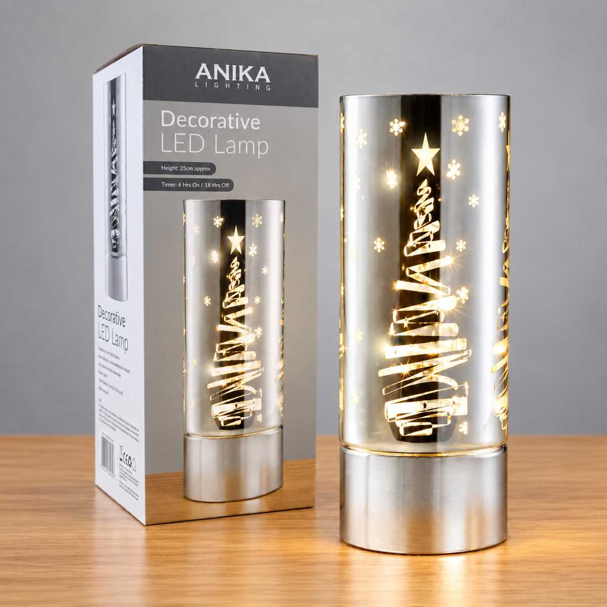 Anika LED Christmas tree table lamp shown with retail packaging