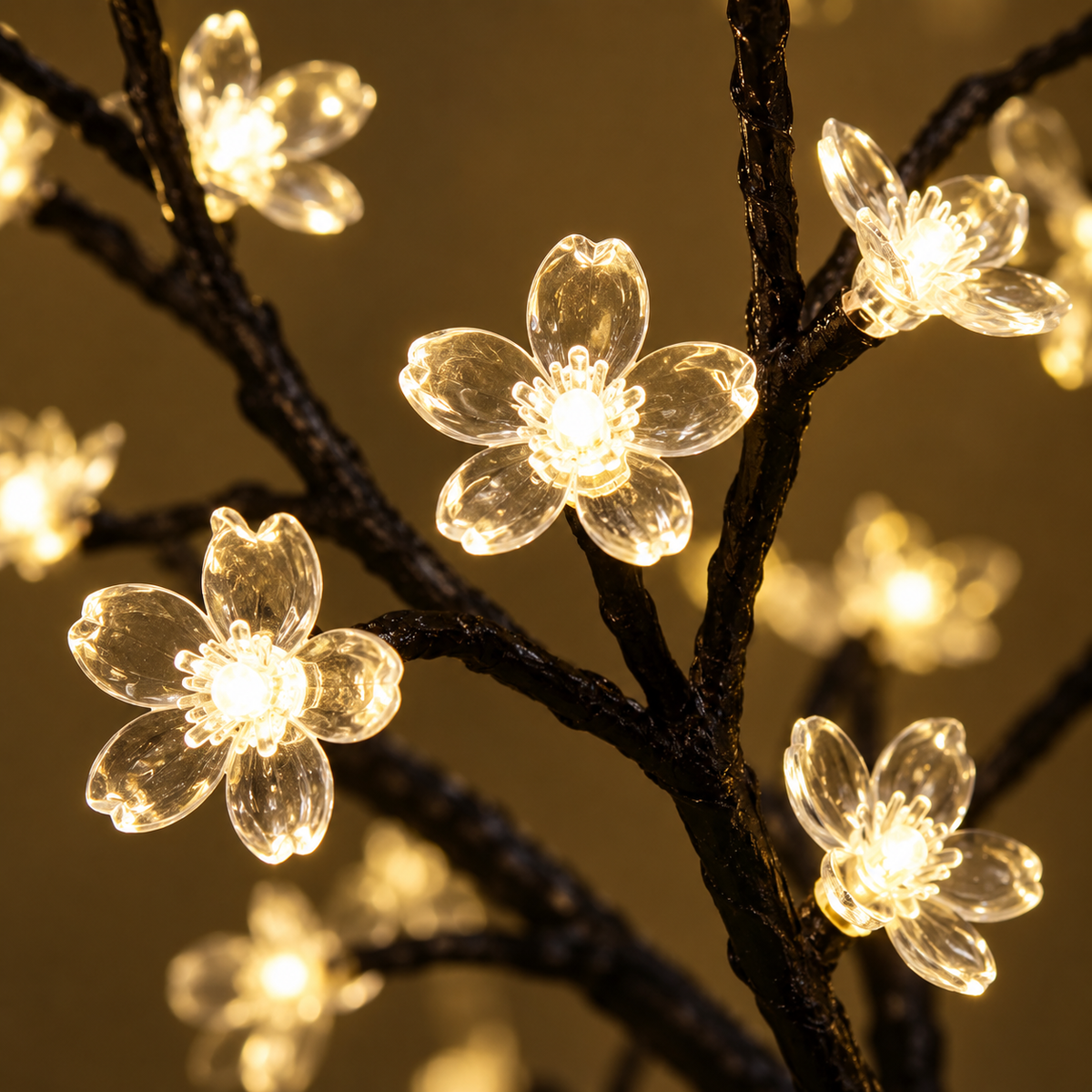 Close-up of warm white flower-shaped LEDs on blossom tree