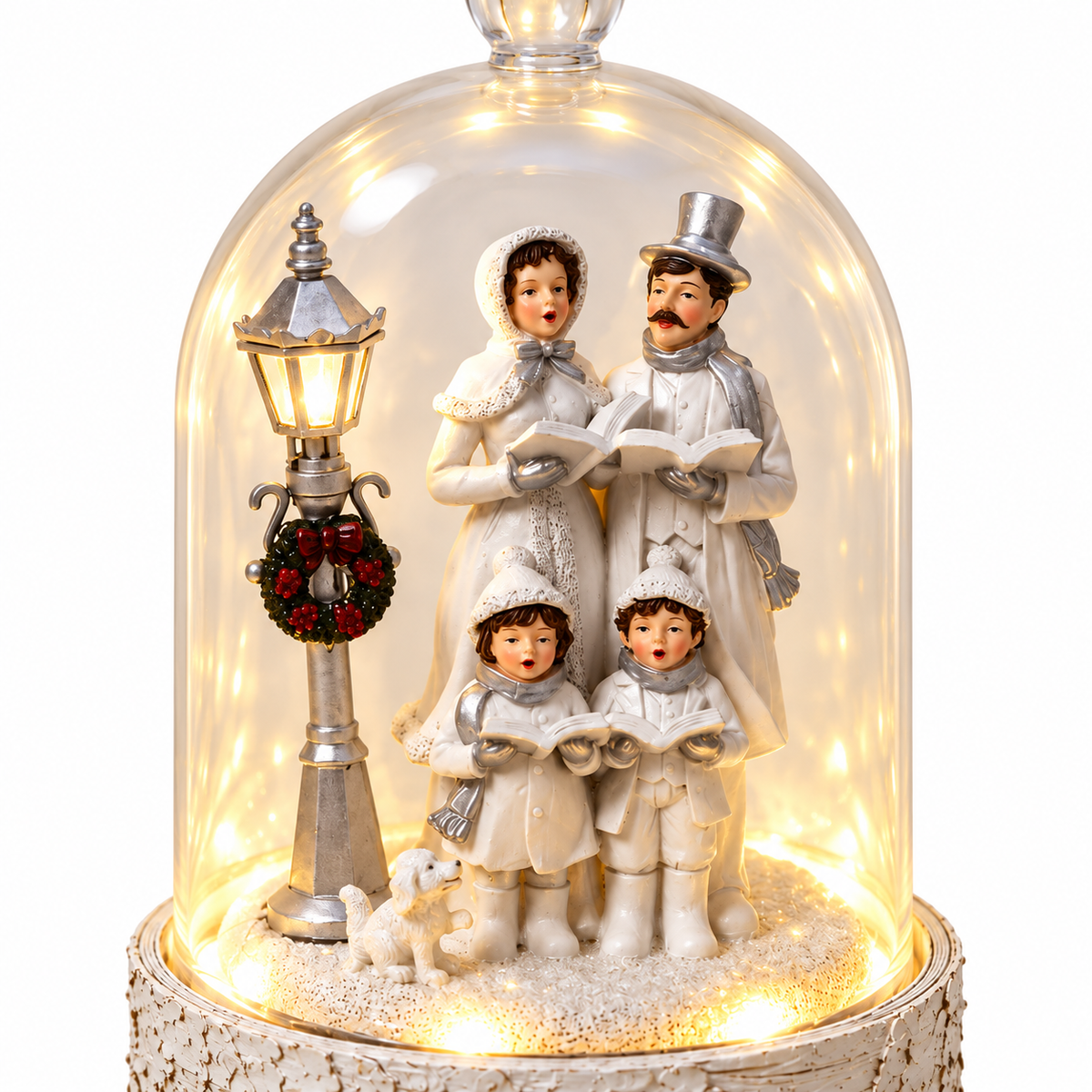 Christmas carol singers and lamppost detail inside clear cloche