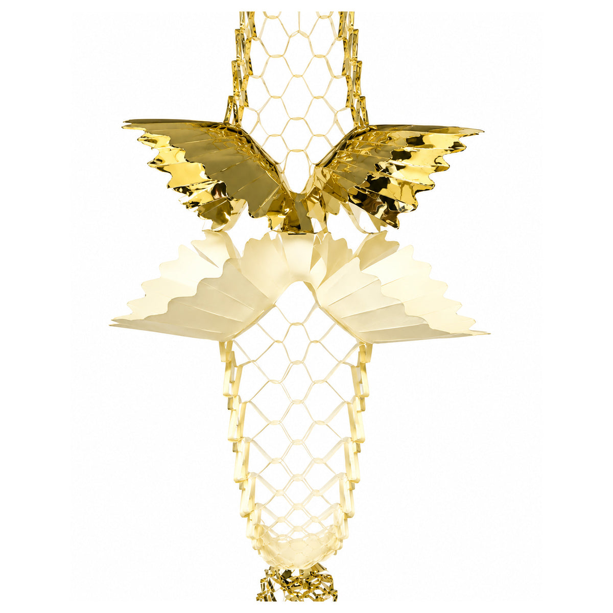 Close-up of embossed gold and cream pleated fans and lattice on a festive foil garland