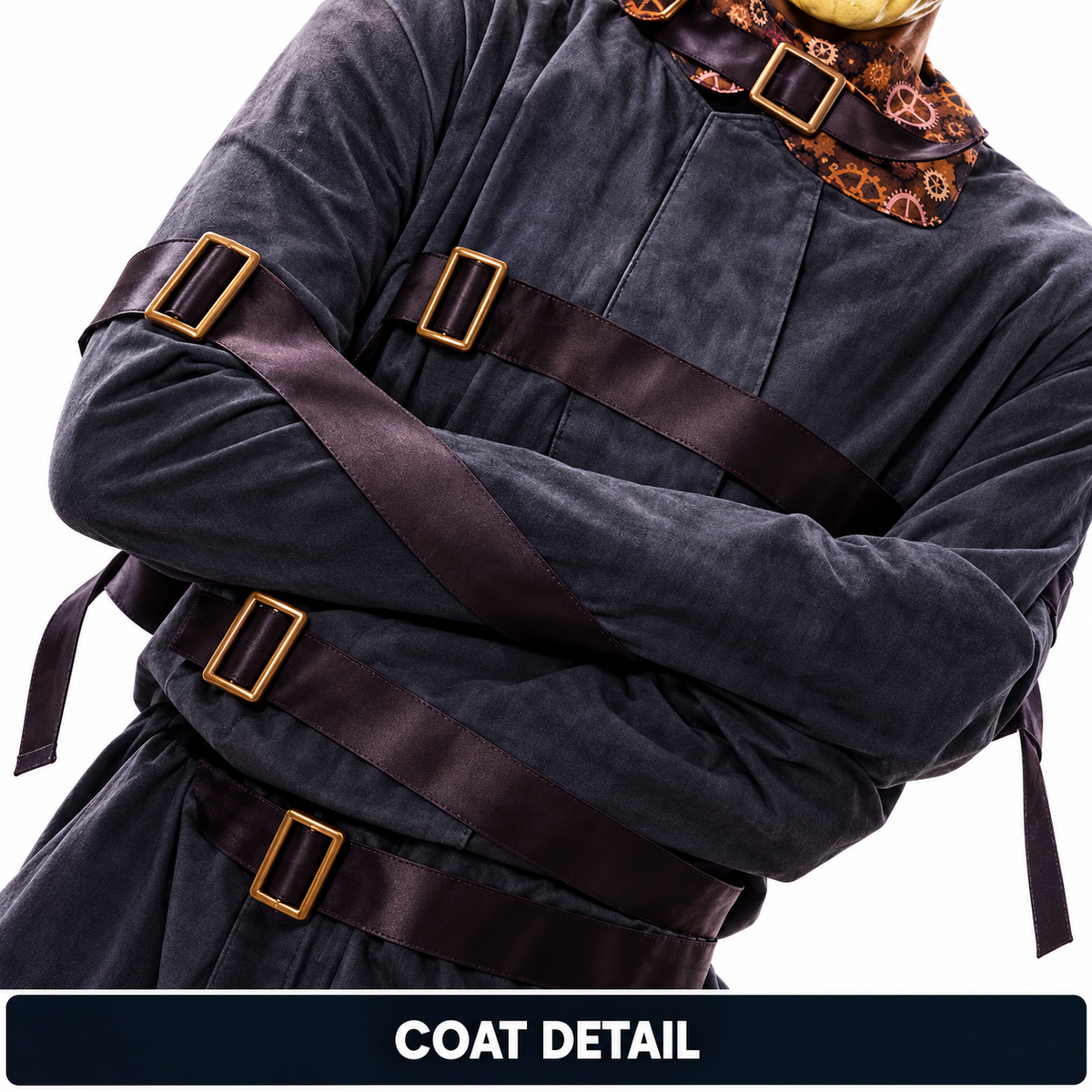 Mad Hatter costume dark straitjacket style coat with straps and buckles