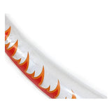 Silver and red inflatable pirate cutlass blade with orange flame print close up