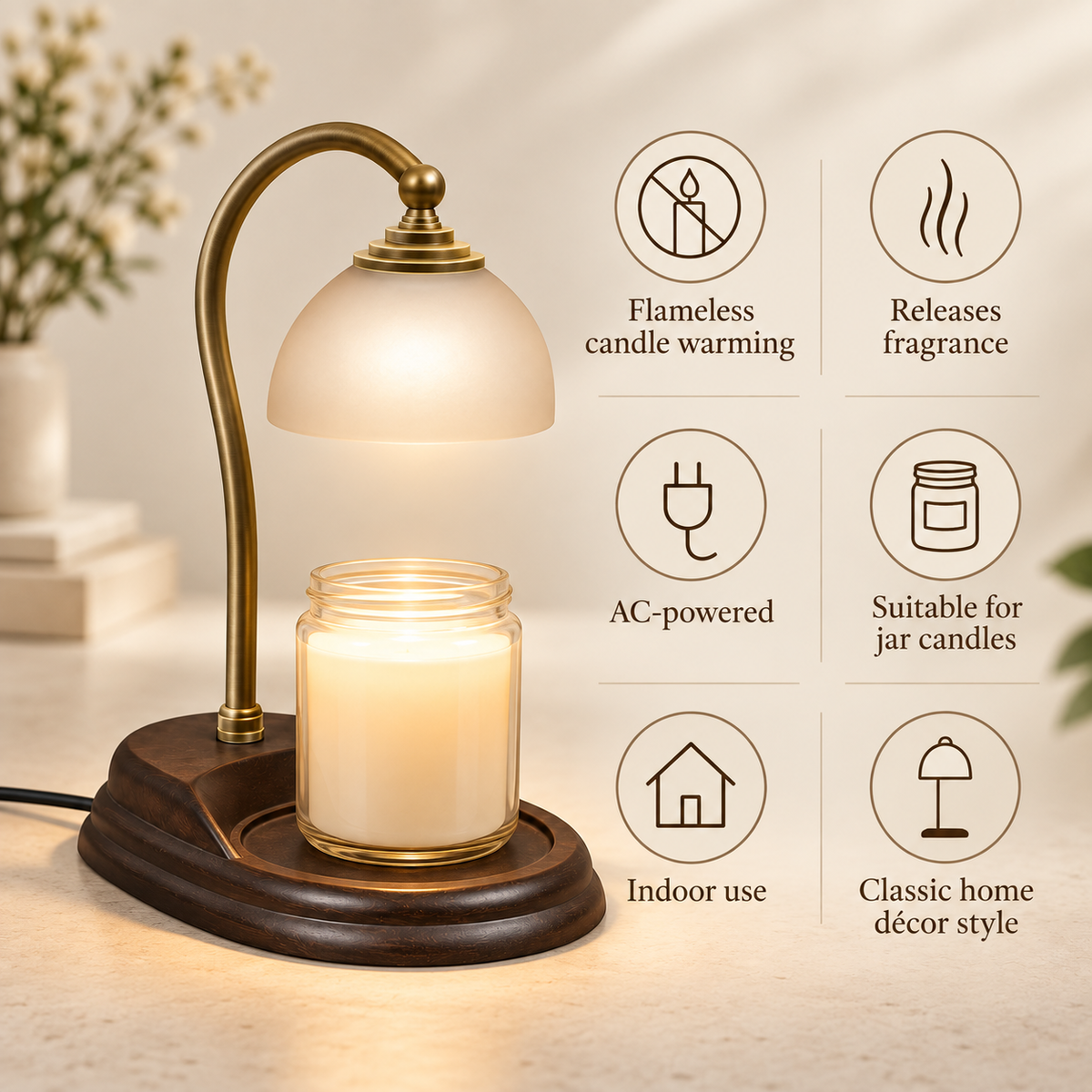 Aurora candle warmer lamp features including flameless warming, AC power and jar candle use