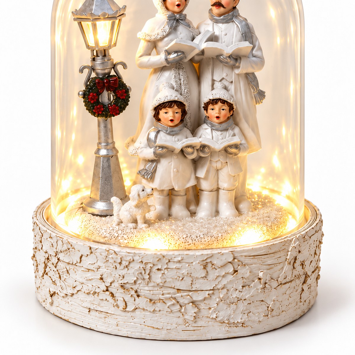 LED Christmas cloche ornament textured base and warm light detail