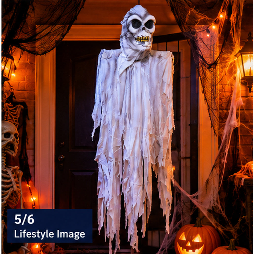 Halloween haunted doorway styled scene with 6ft hanging white ghost skull decoration