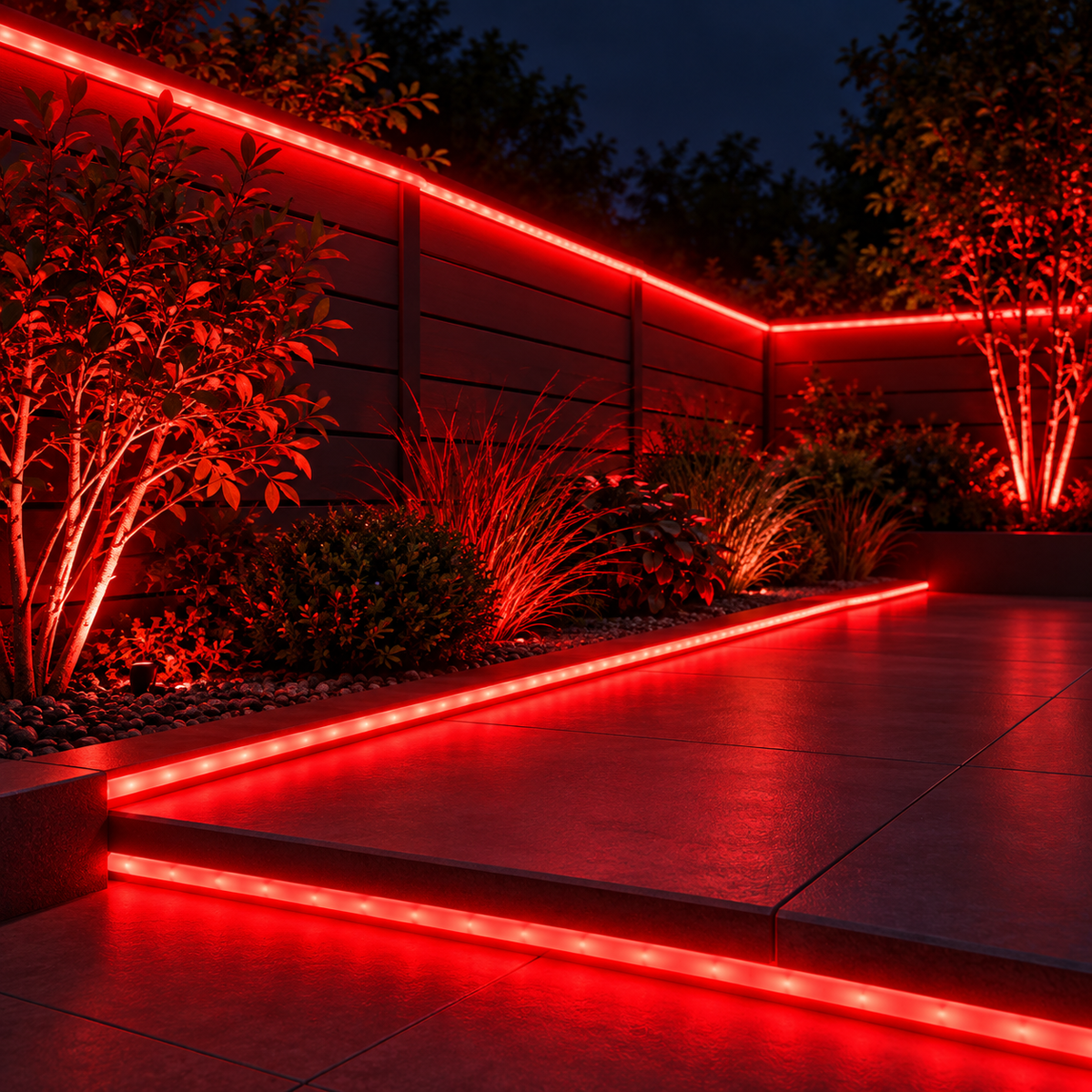 Red LED neon rope light used as outdoor garden and patio lighting