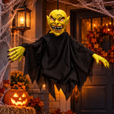 Scary hanging Halloween goblin displayed in a decorated doorway – lifestyle example