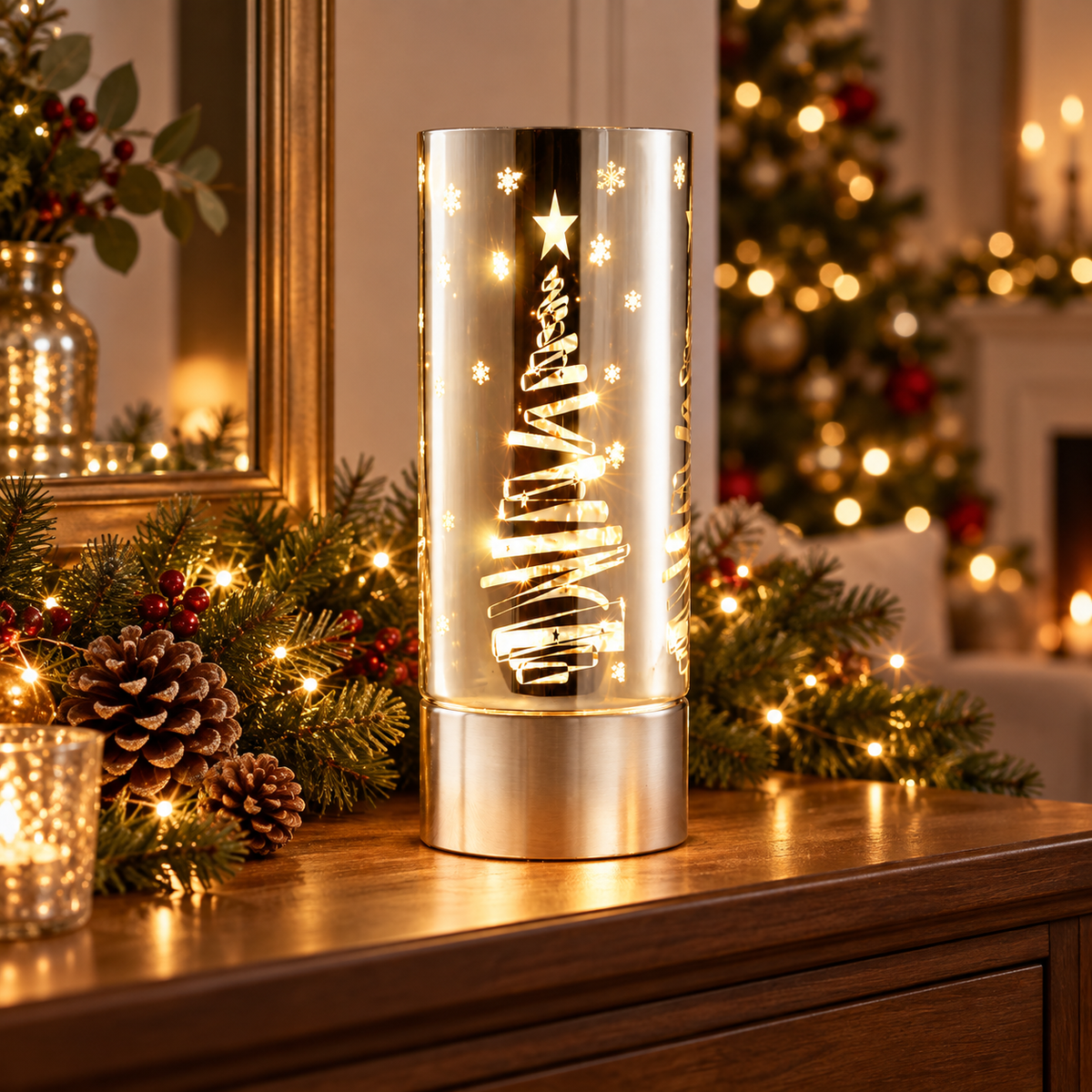 Close-up of warm white LED Christmas tree and snowflake design