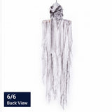 Illustration of rear of white hanging ghost skull Halloween decoration