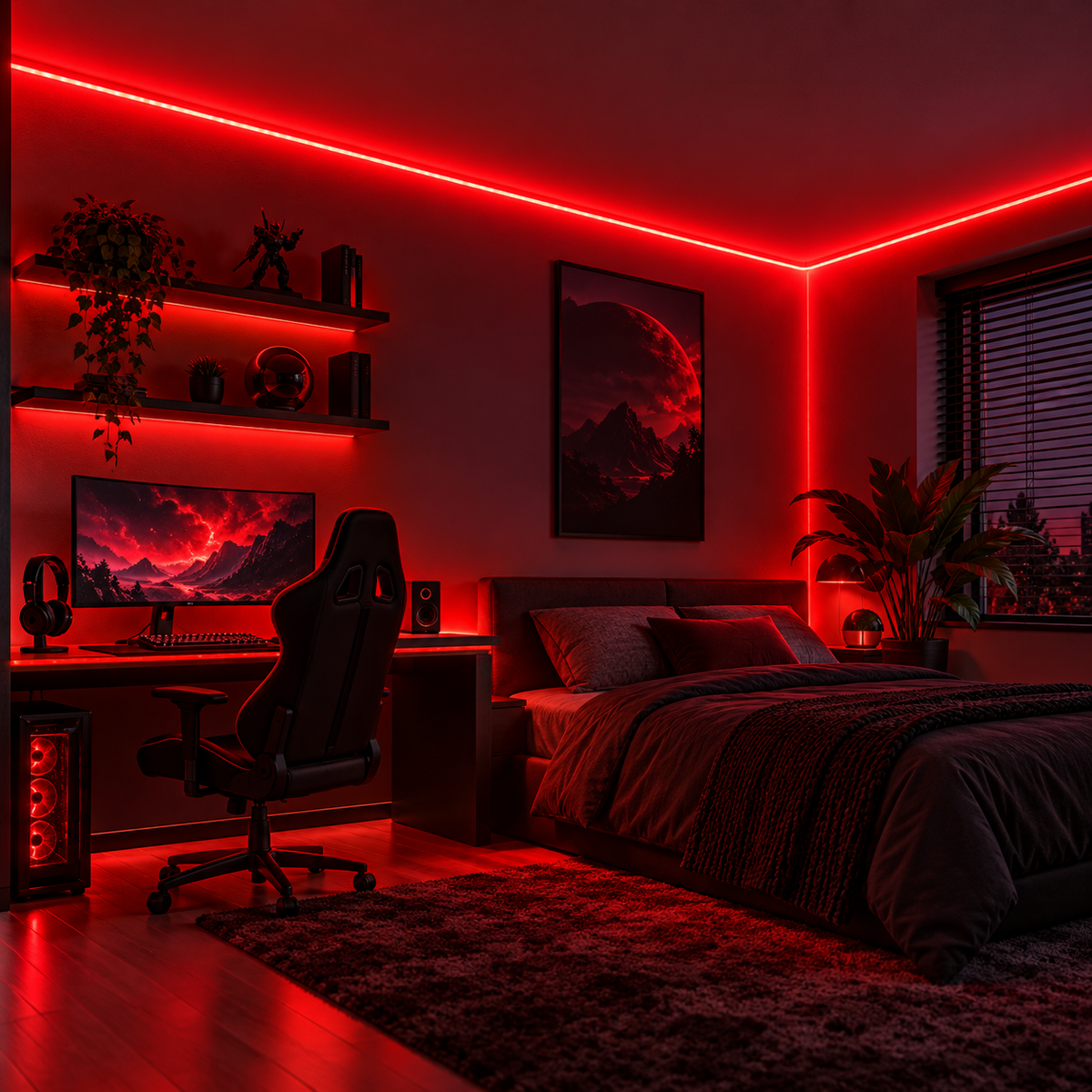 Red LED neon rope light used around a gaming bedroom