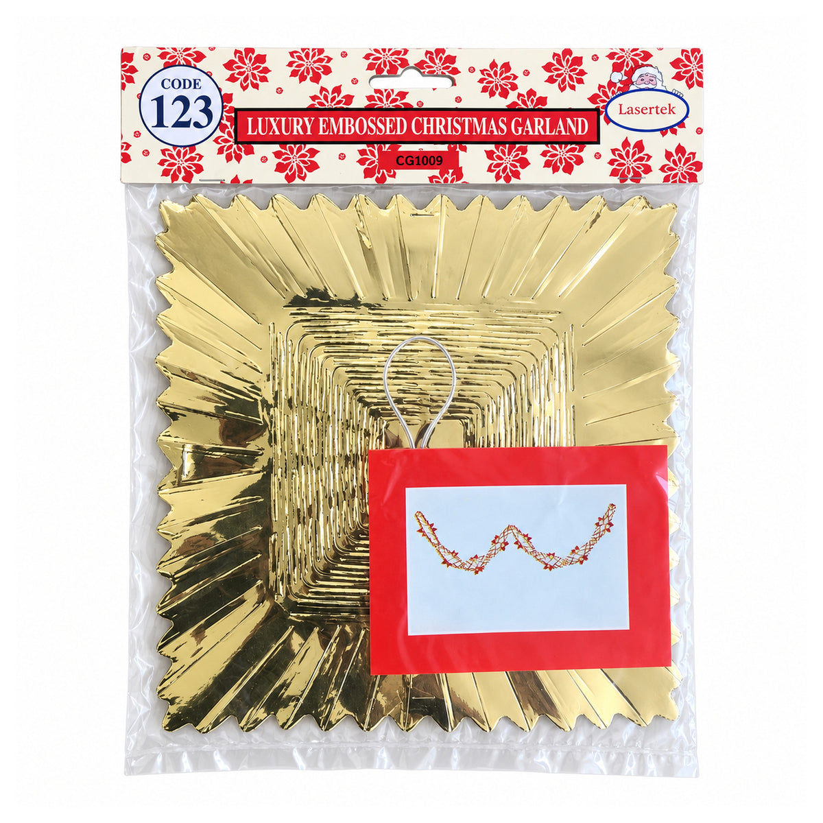 Lasertek luxury embossed Christmas garland front packaging in gold, code 123 CG1009