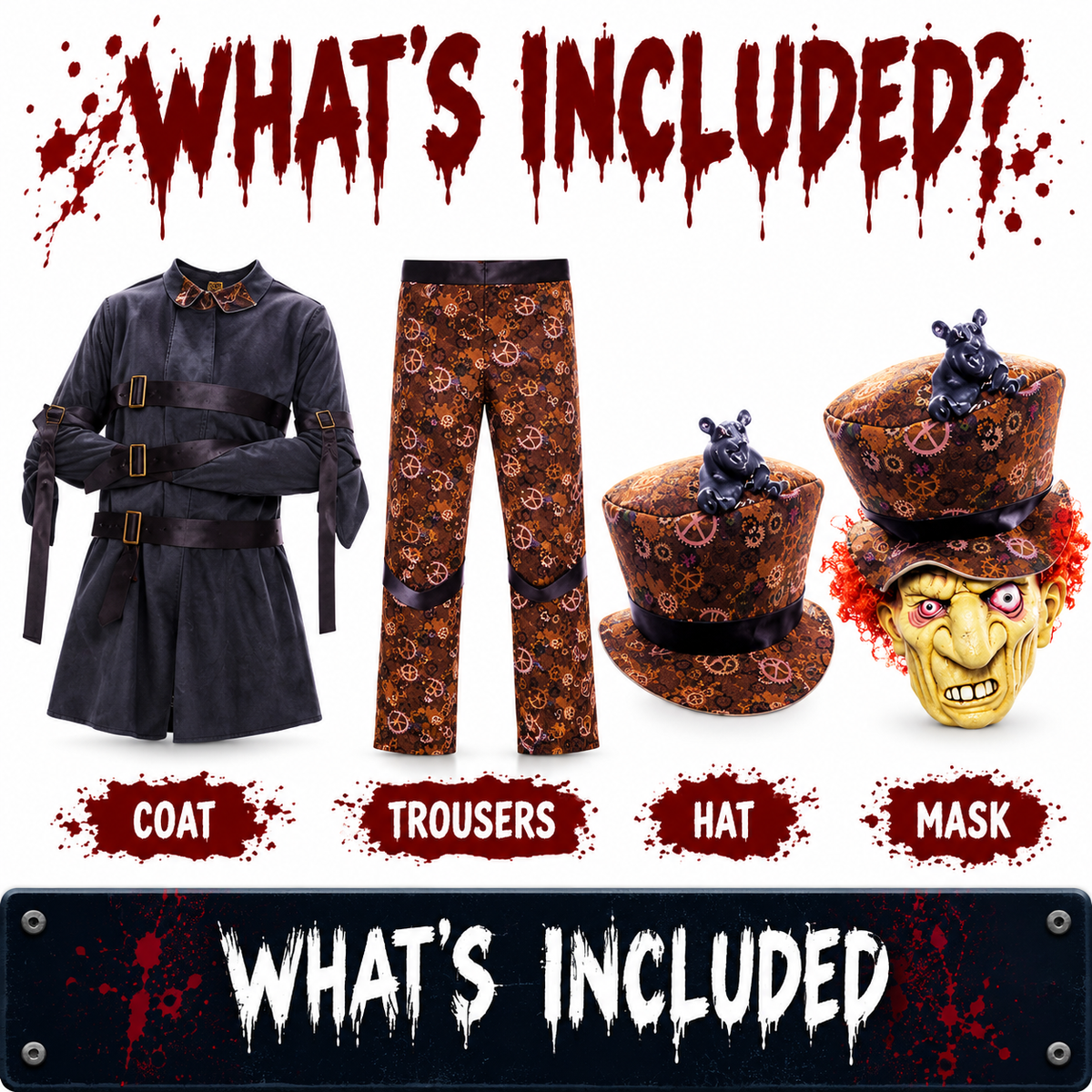 Mad Hatter four piece costume includes coat trousers hat and mask
