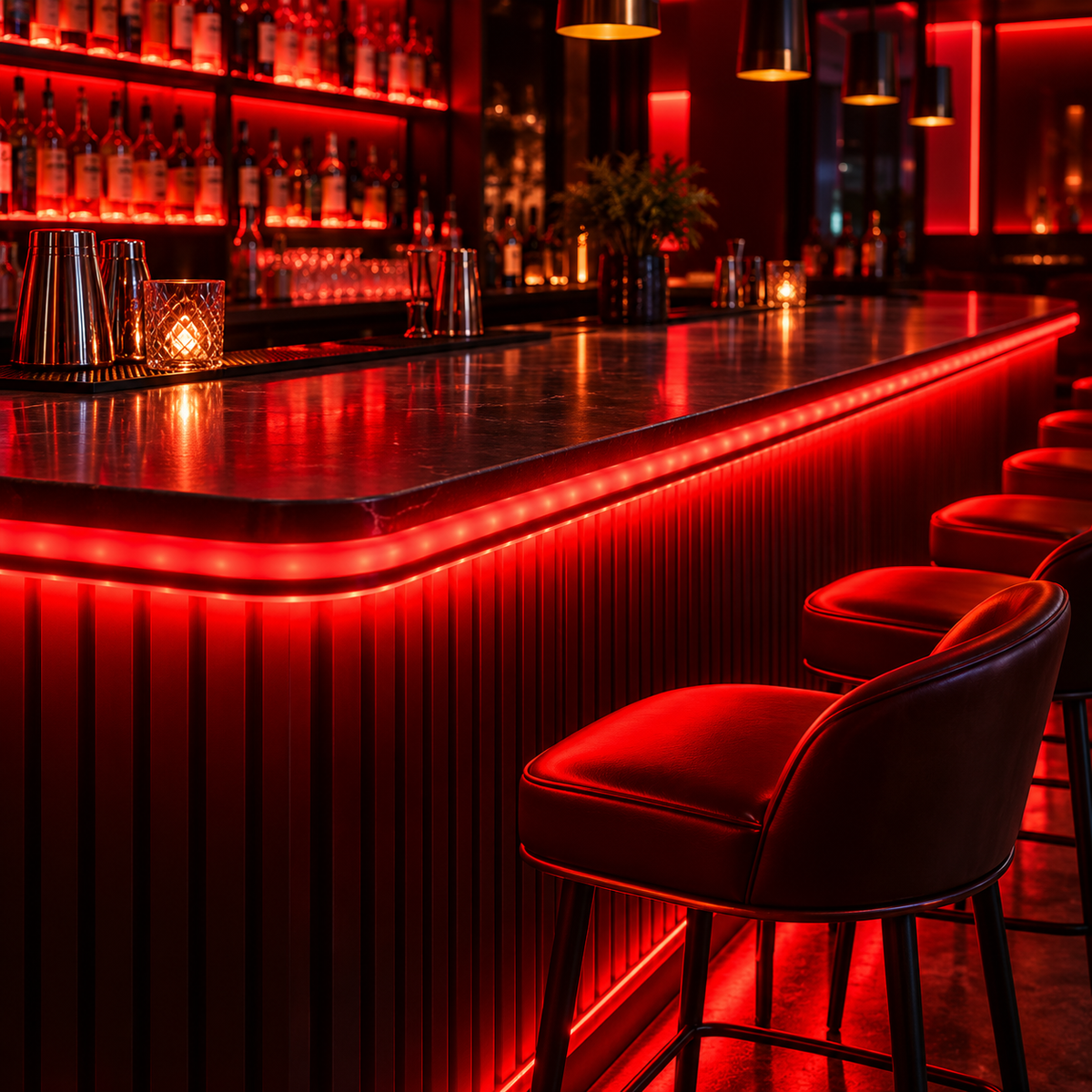 Red LED neon rope light used as decorative bar lighting