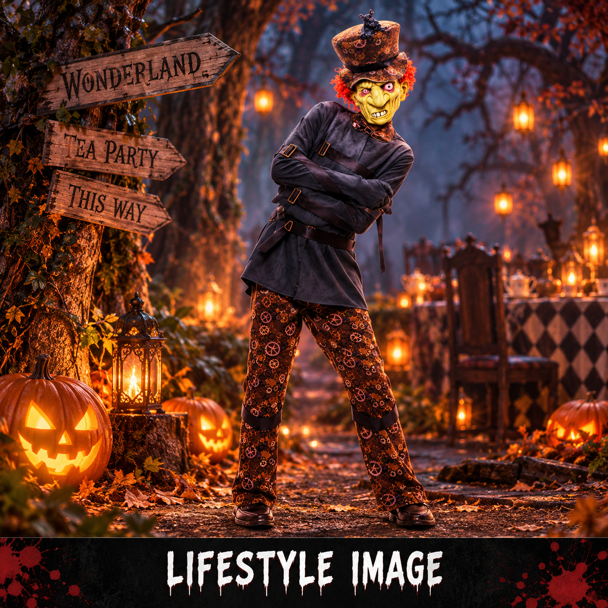 Evil Mad Hatter costume Halloween spooky Wonderland lifestyle scene