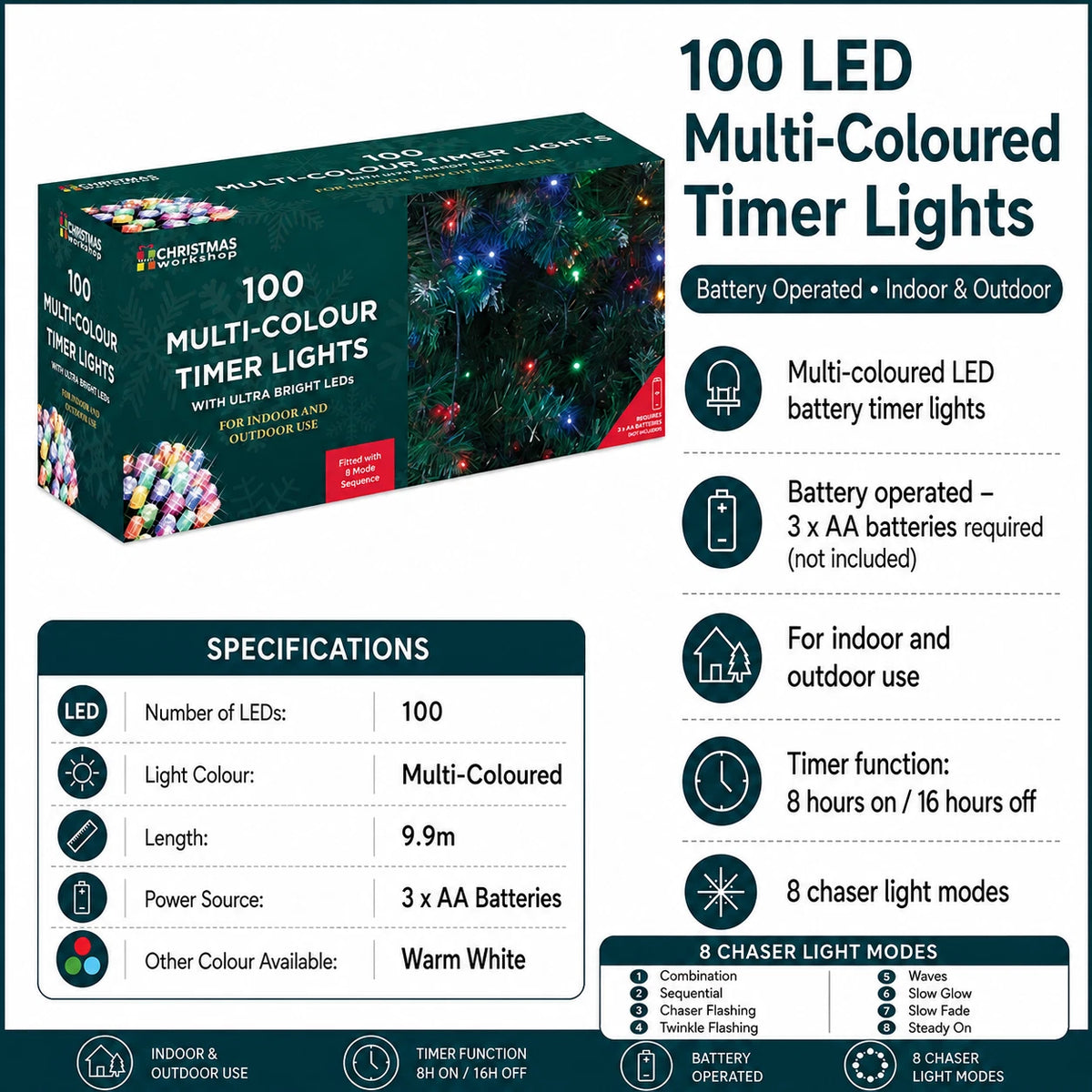 100 LED multi coloured battery timer Christmas lights specifications