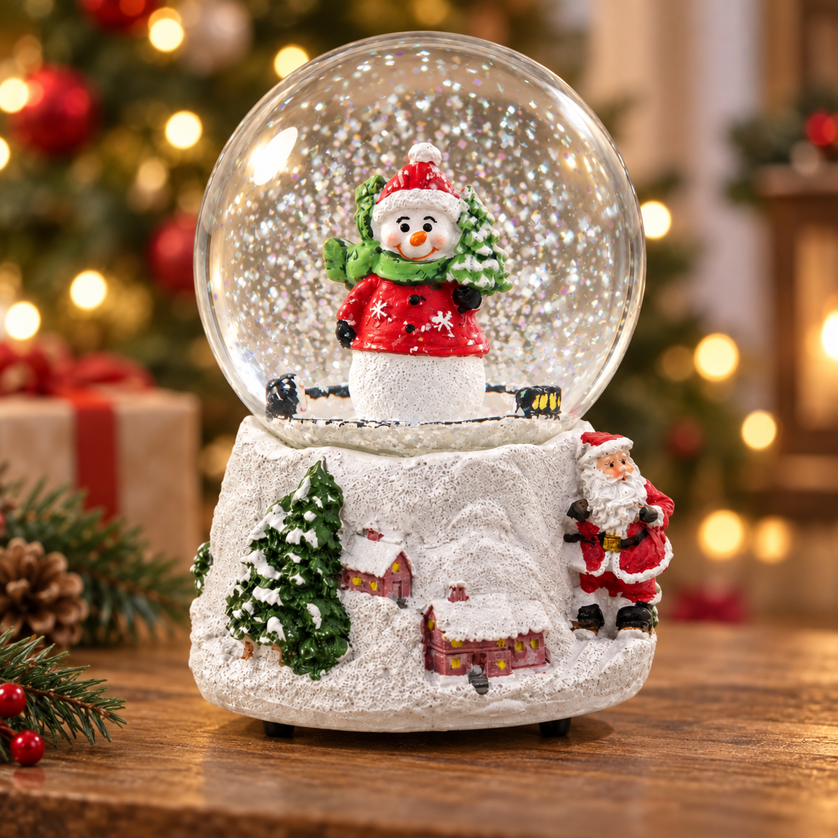 15cm musical snowman Christmas snow globe angled view
