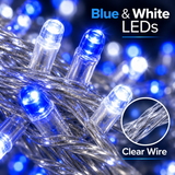 Close-up of blue and white LEDs on clear wire