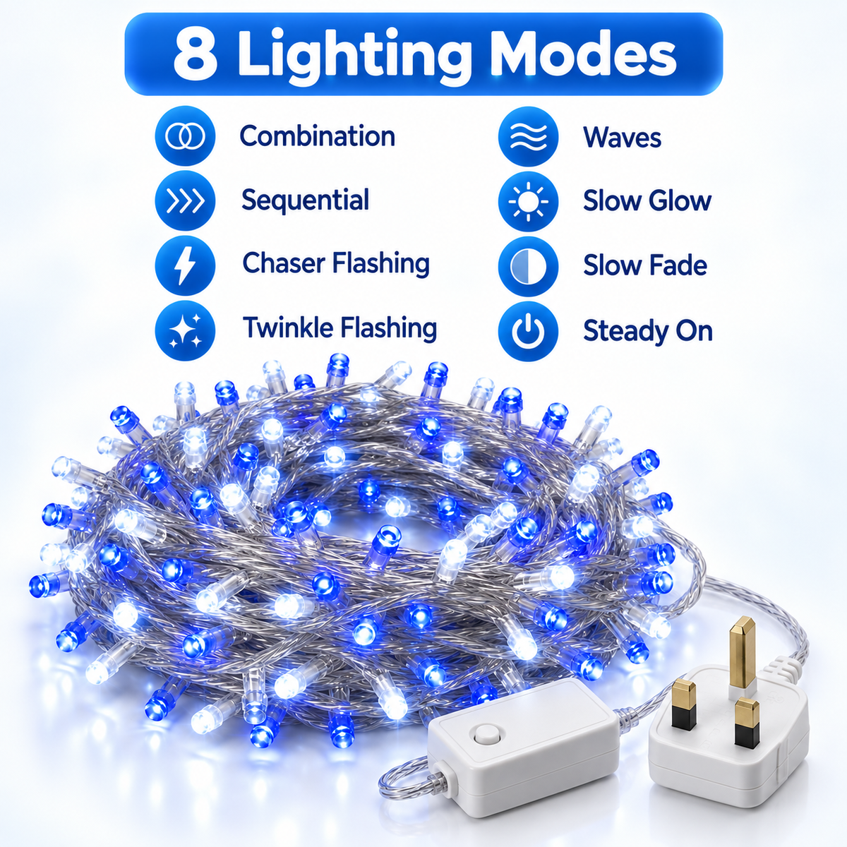 200 blue and white LED chaser Christmas lights with 8 mode controller