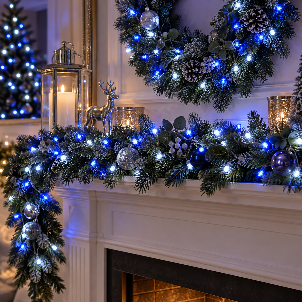 Blue and white LED chaser Christmas lights illuminated at night