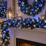 Blue and white LED chaser Christmas lights illuminated at night