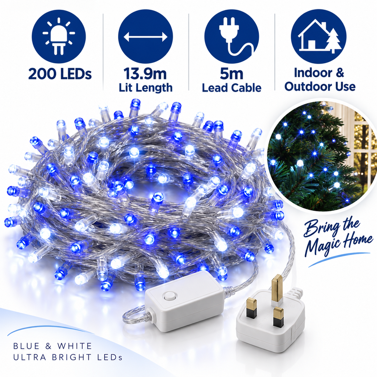 Blue and white LED chaser Christmas lights in an outdoor festive display