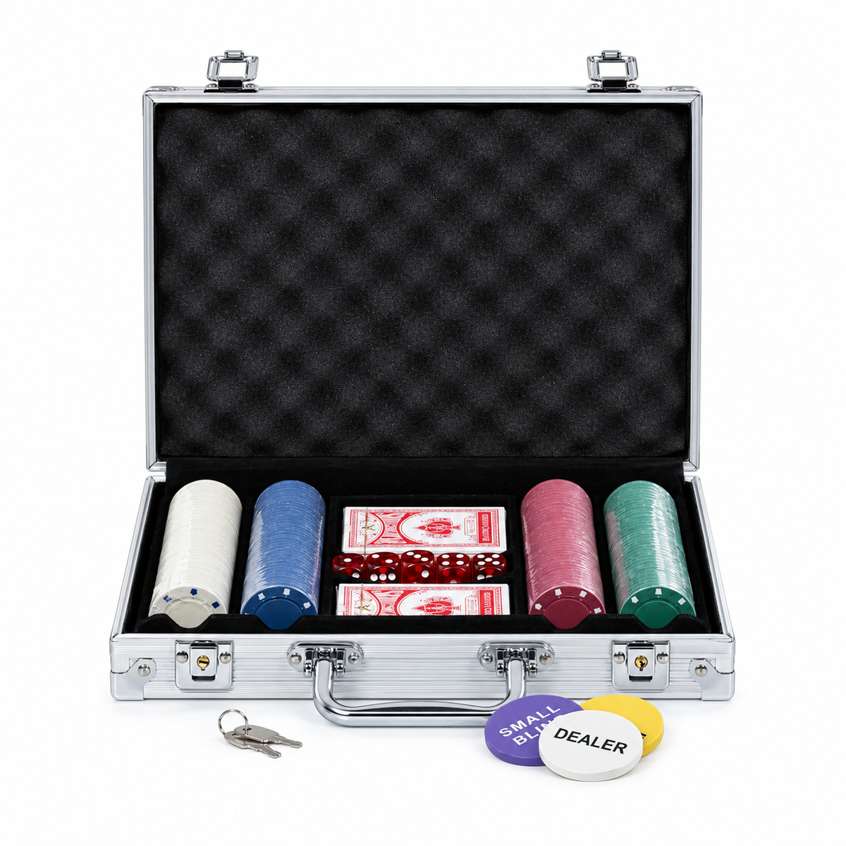 Global Gizmos 200-chip poker set in aluminium case with five dice and playing cards