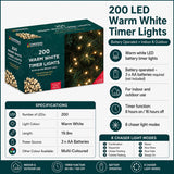 200 LED warm white battery timer Christmas lights specifications