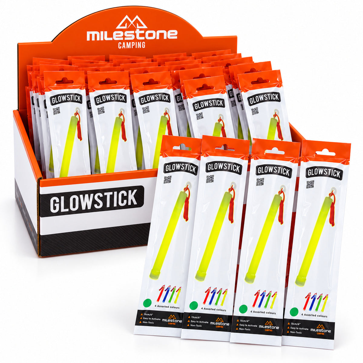 Milestone Camping 24 individually wrapped neon glow sticks supplied in an orange display box