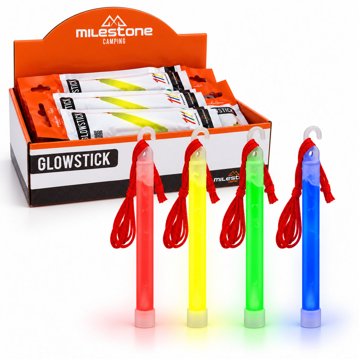 Milestone Camping box of 24 assorted 6 inch neon glow sticks with red yellow green and blue examples