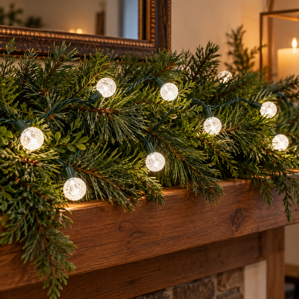 25 white berry LED Christmas lights on an indoor evergreen mantel garland