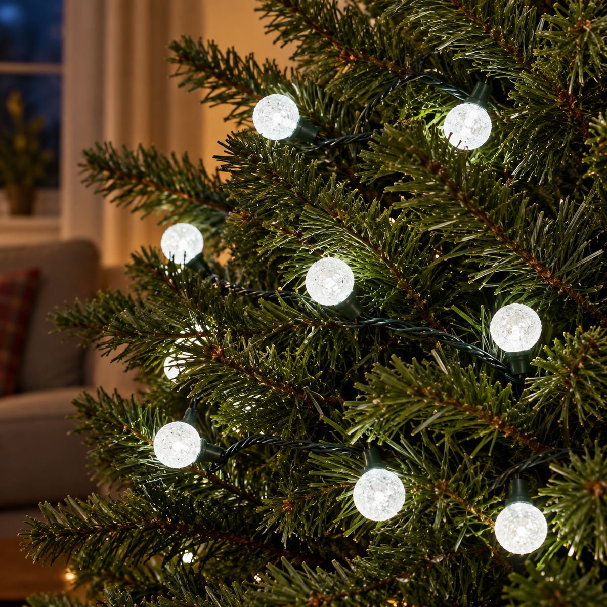 25 white berry LED Christmas lights on a tree with green cable