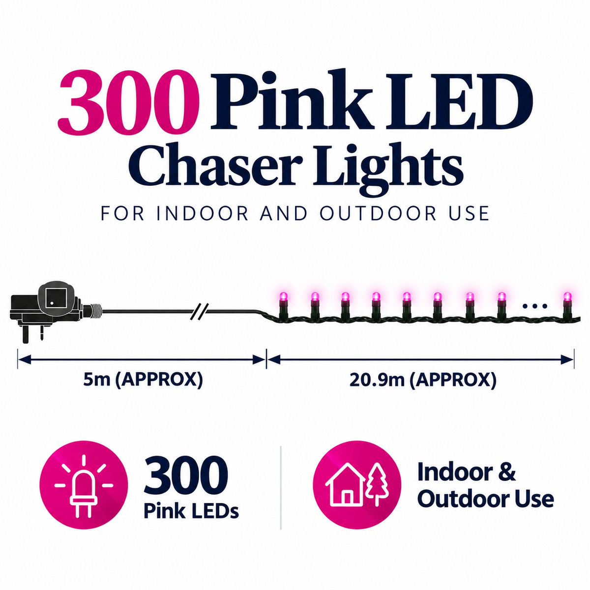 300 pink LED chaser Christmas lights features and 8 lighting modes