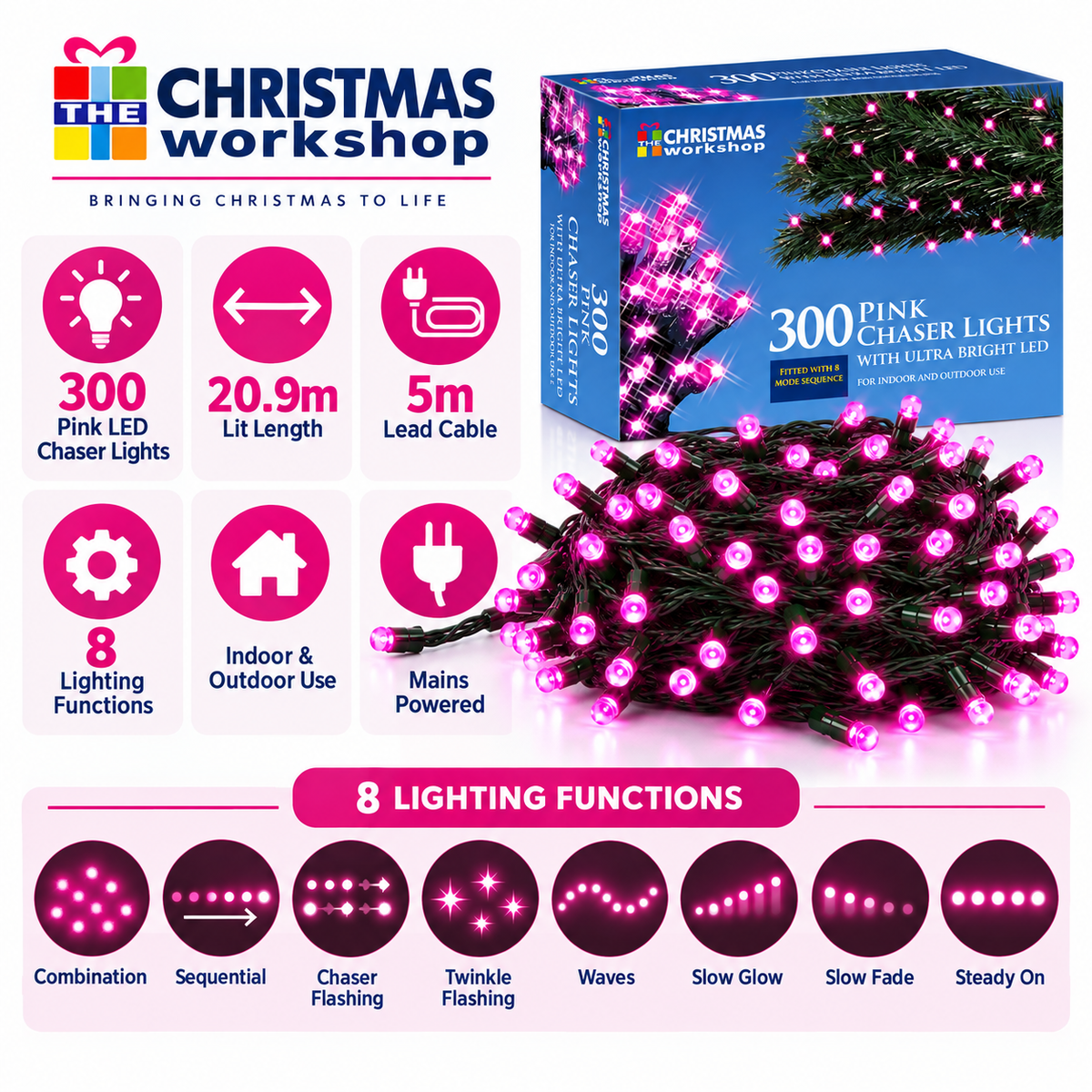 300 pink LED chaser Christmas lights illuminated at night
