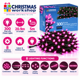 300 pink LED chaser Christmas lights illuminated at night