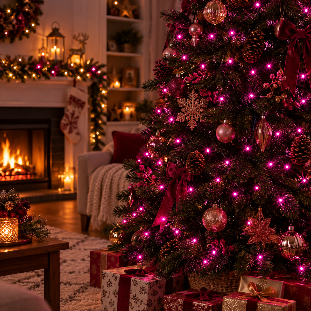 300 pink LED chaser lights decorating a Christmas tree