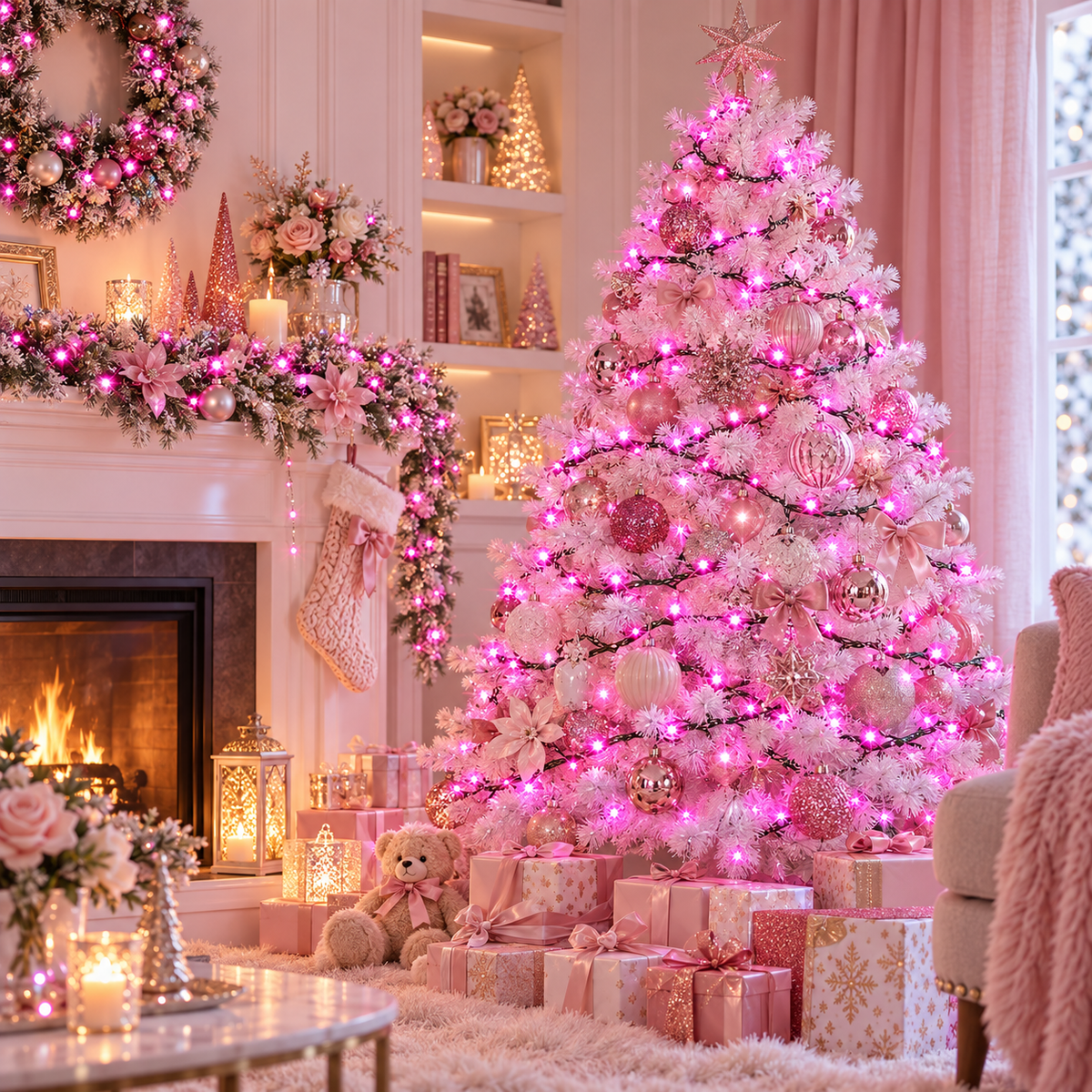 Pink LED chaser Christmas lights decorating a festive window