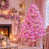 Pink LED chaser Christmas lights decorating a festive window
