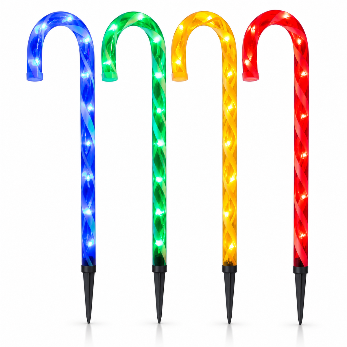 Four multicoloured LED candy cane Christmas stake lights, 63cm high