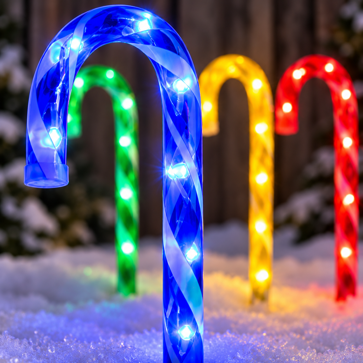 Close-up of blue green yellow and red LED candy cane stake lights