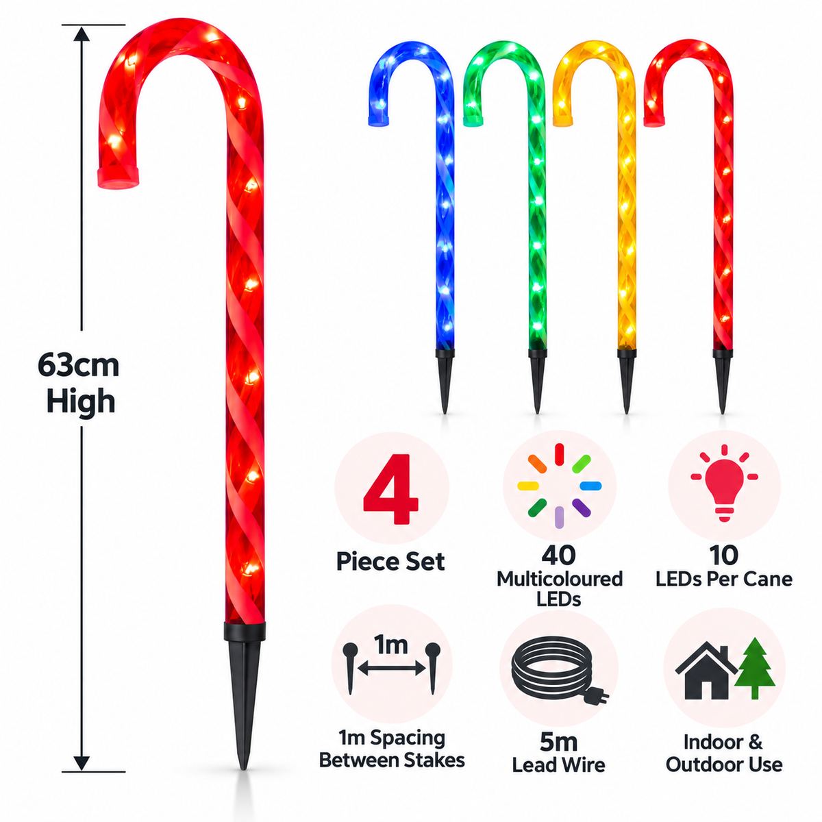 Feature guide for four 63cm multicoloured LED candy cane stake lights with 40 LEDs