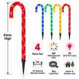 Feature guide for four 63cm multicoloured LED candy cane stake lights with 40 LEDs
