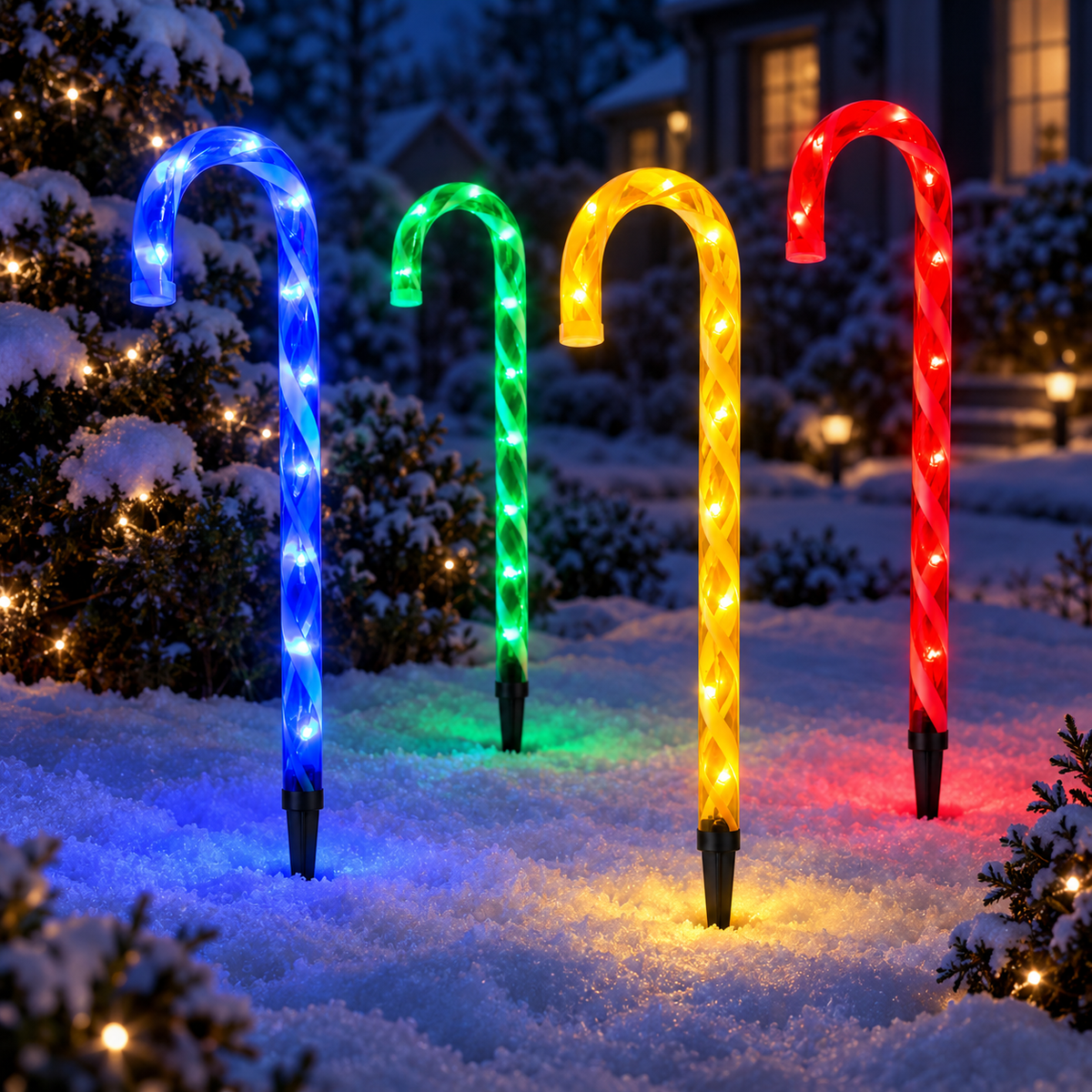 Four multicoloured LED candy cane stake lights illuminated in a night garden
