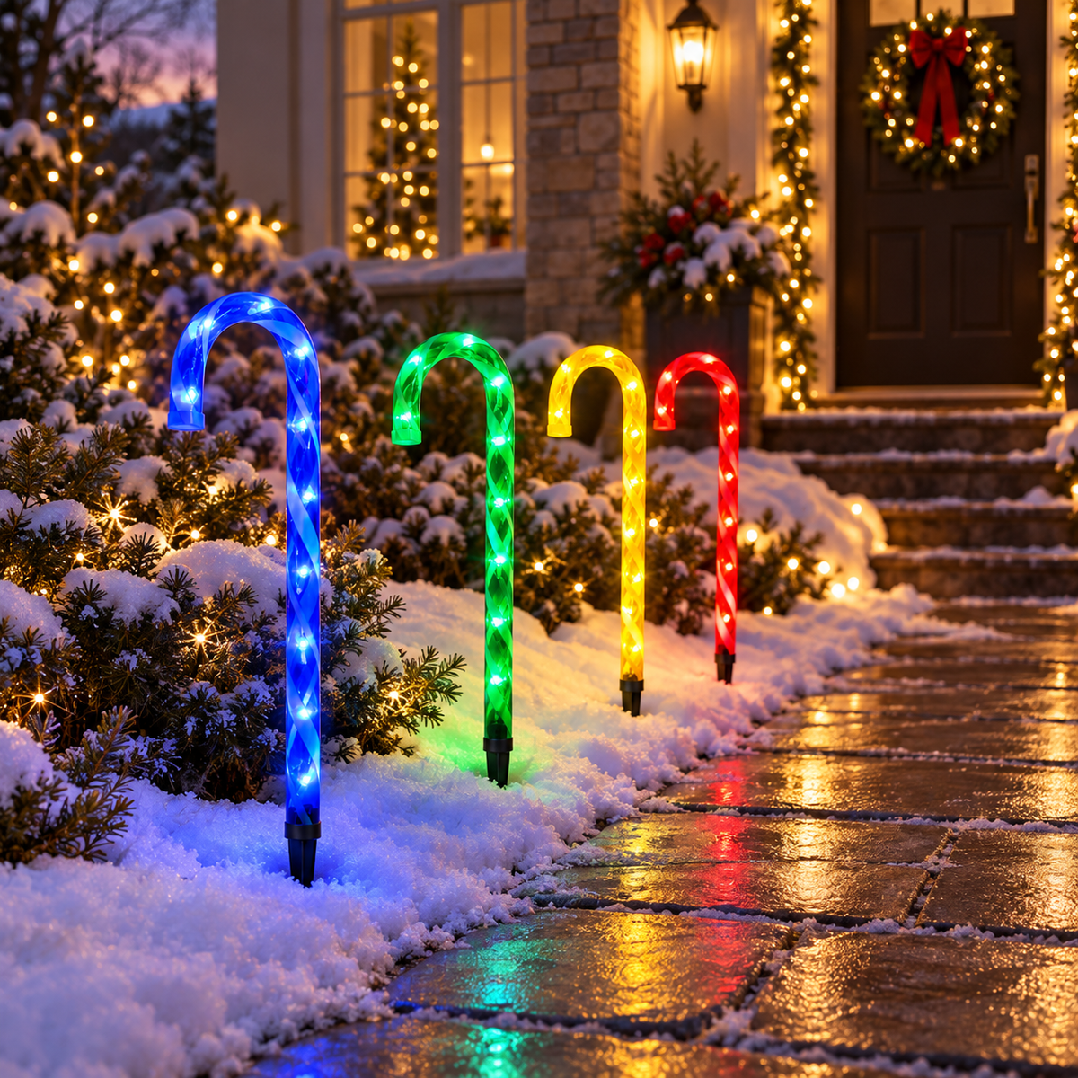 Four multicoloured LED candy cane stake lights lining a snowy pathway