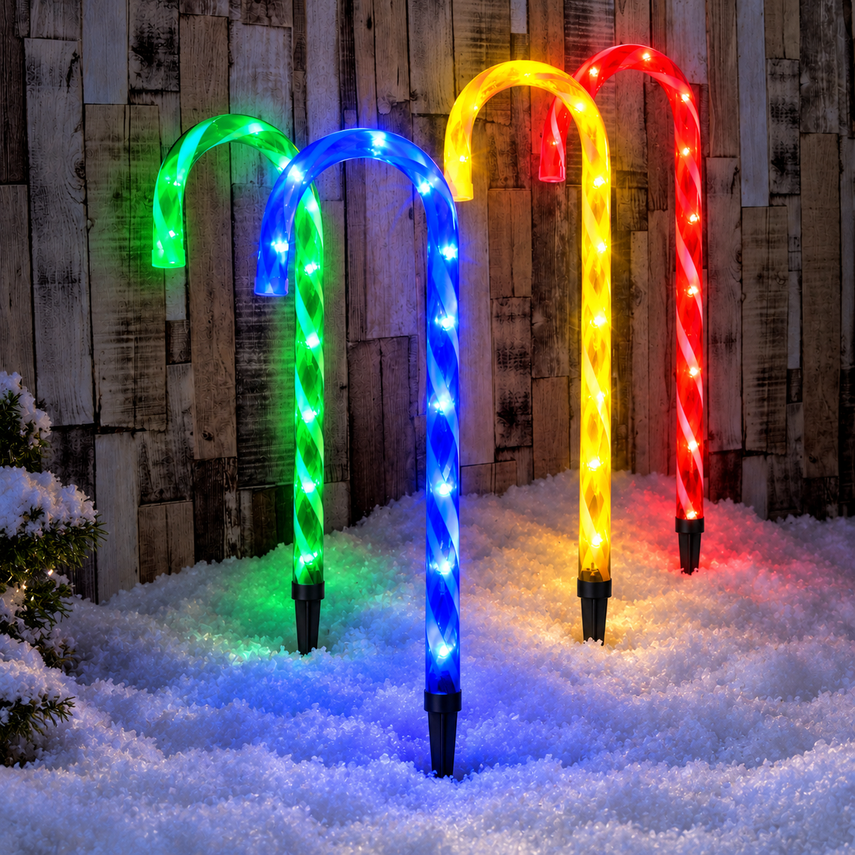 Four multicoloured LED candy cane stake lights in a snowy Christmas display