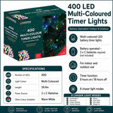 400 LED multi coloured battery timer Christmas lights specifications